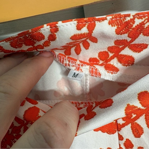 Boho Chic Orange & White Floral Print High Waisted Wide Leg Flowy Palazzo M - Picture 5 of 7